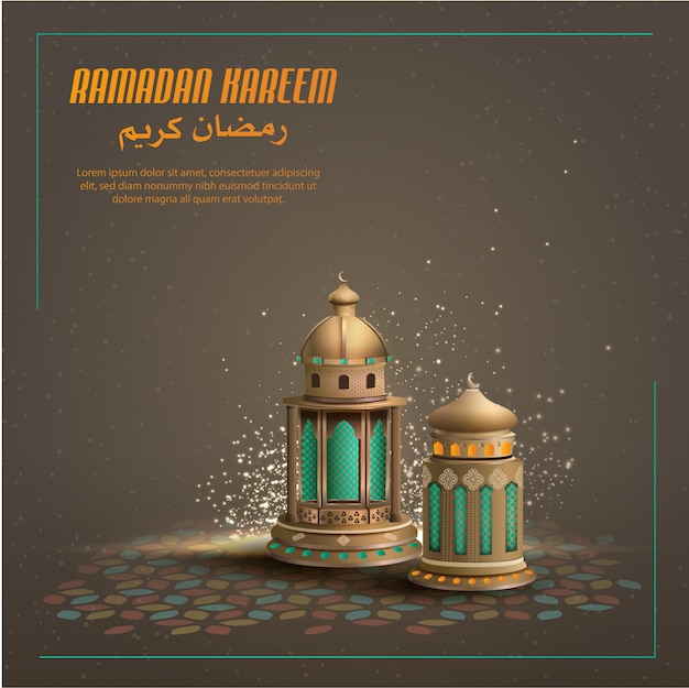 Islamic greetings ramadan kareem card design background with two arabian lanterns