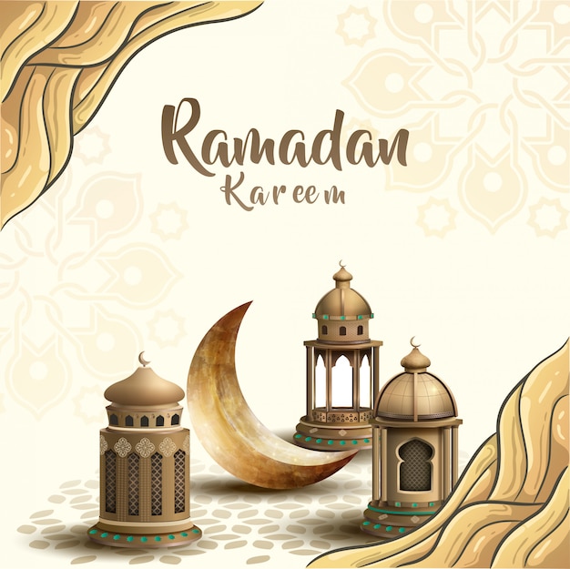 美しい提灯と三日月とイスラムの挨拶ラマダンカリームカードデザインテンプレートの背景