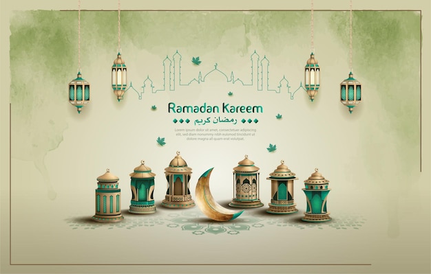 Islamic greetings ramadan kareem card design with beautiful crescent moon mosque line and lanterns