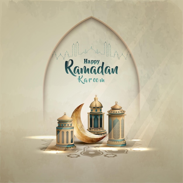 Islamic greetings ramadan kareem card design with beautiful lanterns and crescent moon