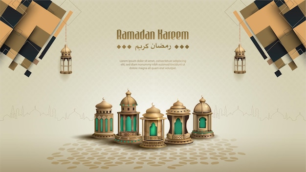 islamic greetings ramadan kareem card design with beautiful lanterns and ornament