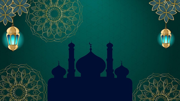 Исламские приветствия рамадан карим дизайн карты с полумесяцем и фонарем