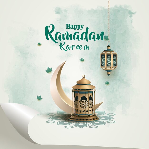 Vector islamic greetings ramadan kareem card design with crescent moon and lanterns