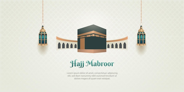 Vector islamic hajj pilgrimage card design with two gold lanterns and holy kaaba