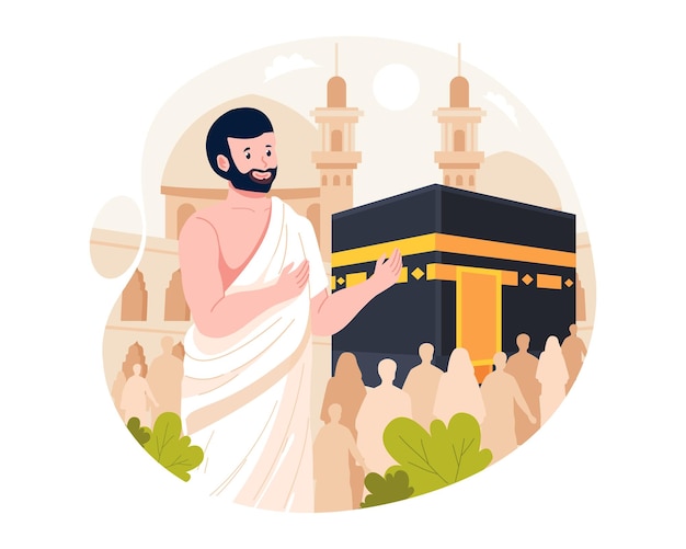 Islamic Hajj Pilgrimage A Muslim man wears ihram clothes with a Kaaba background