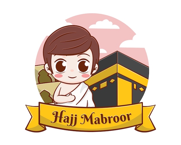 Islamic hajj pilgrimage with cute boy and kaaba cartoon illustration