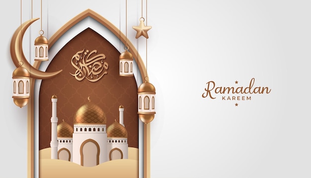 Vector islamic holiday banner background with mosque lantern and crescent