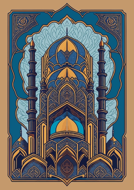 Bandiera di celebrazione della festa islamica progettata con luna crescente e illustrazione della moschea