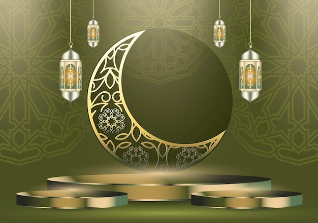 Islamic holiday celebration banner designed with crescent moon and illustration of mosque