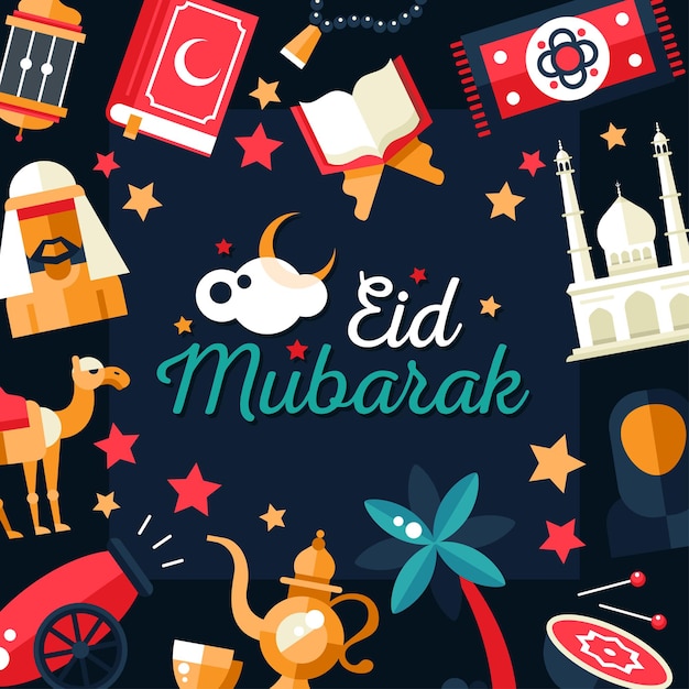 islamic holiday, culture, traditional greeting Eid Mubarak. Muslim male, female, camel, cannon, mosque, prayer beads, lamp, drum