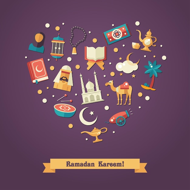 Islamic holiday, culture, traditional greeting ramadan kareem.\
muslim male, female, camel, cannon, mosque, prayer beads, lamp,\
drum