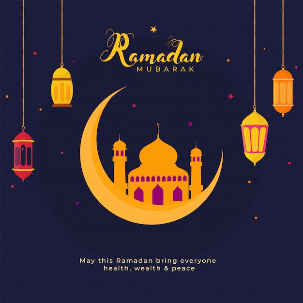 Islamic holy month of ramadan concept with hanging illuminating lanterns, crescent moon and mosque on blue background.