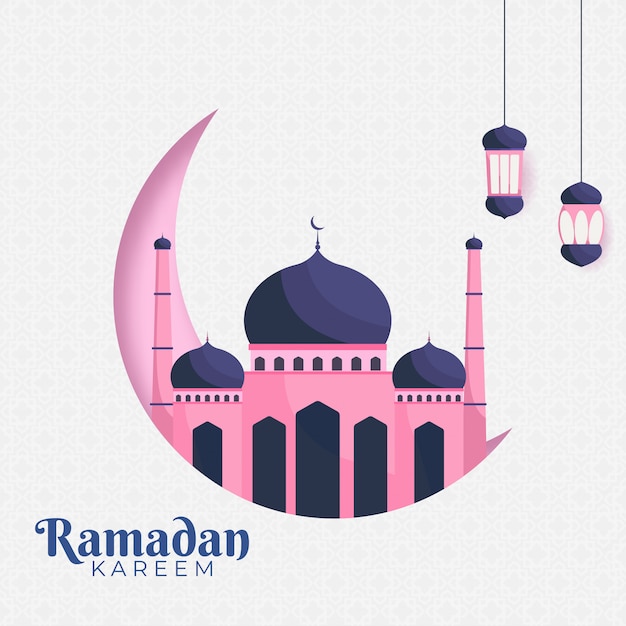Mese santo islamico del concetto di ramadan kareem con lanterne sospese, falce di luna e moschea.