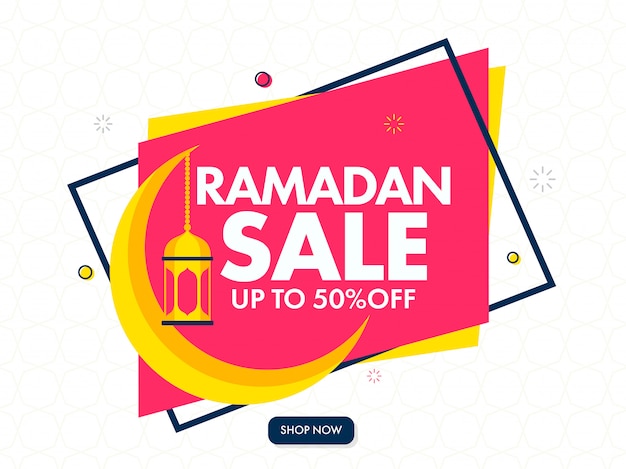 Islamic holy month of Ramadan Sale Banner Design with Golden Crescent Moon and Hanging Lanterns on Pink and White Background.