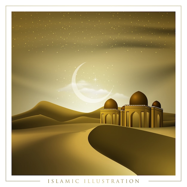 Islamic illustration background design with desert and mosque