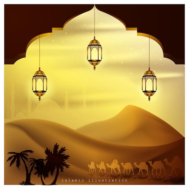 Vector islamic illustration background vector design with beautiful desert and arabian on camels