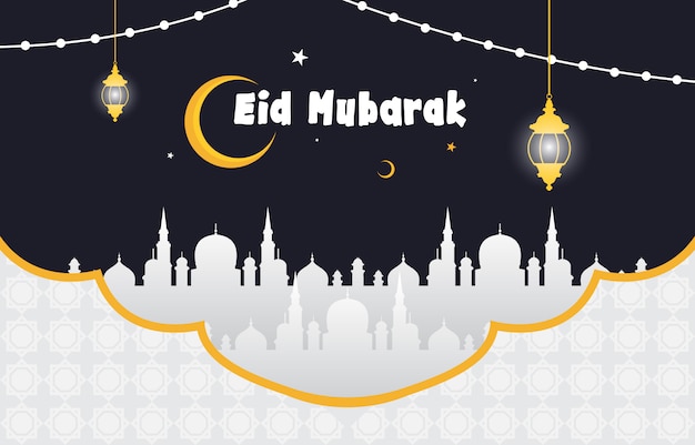 Illustrazione islamica di happy eid mubarak con mosque lantern moon decoration