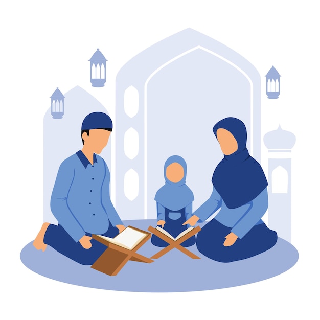 Islamic illustration of Muslim family reading Quran together. Parent teaching to recite book