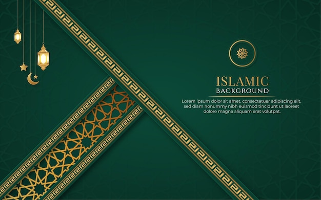 Arco islamico islamico sfondo ornamentale di lusso verde e dorato con cornice a motivo islamico