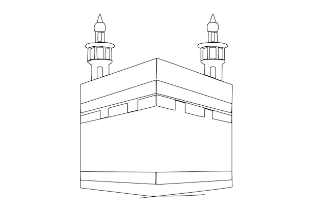 Islamic Kaaba and mosque towers in Mecca one line art