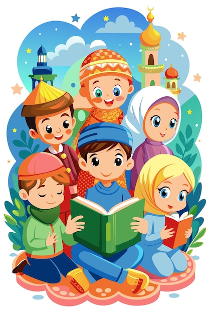 Vector islamic kids reading quran book flat illustration vector illustration