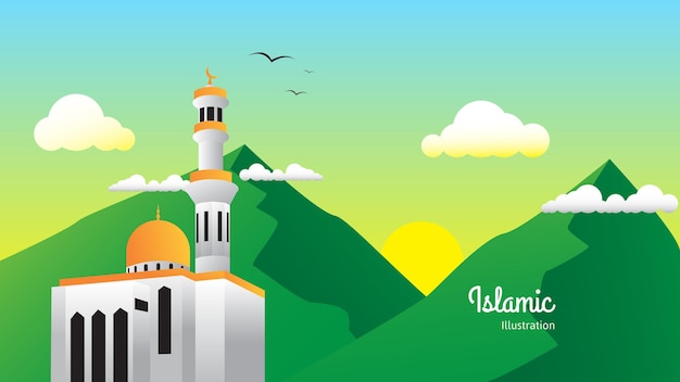 Islamic landscape vector illustration with mountain mosque cloud and sun vector illustration