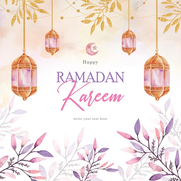 Vector islamic lantern and floral ornament painting on ramadan kareem background