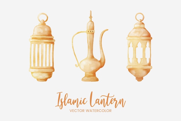 Vector islamic lantern watercolor with 3 objects variation illustration with golden metal material vector