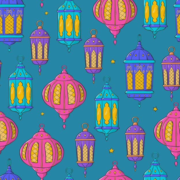 Vector islamic lanterns seamless pattern with doodled lamps for wallpaper textile prints holiday decor