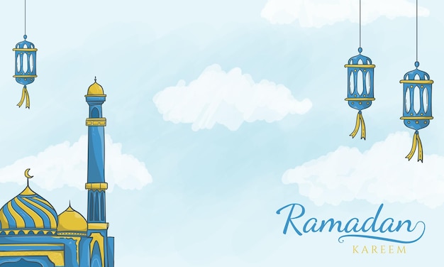 Vector islamic latern and mosque ramadan kareem background