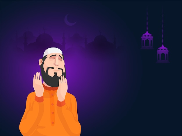 Islamic man offering prayer namaz and hanging lanterns on purple and blue silhouette mosque background with space for text message