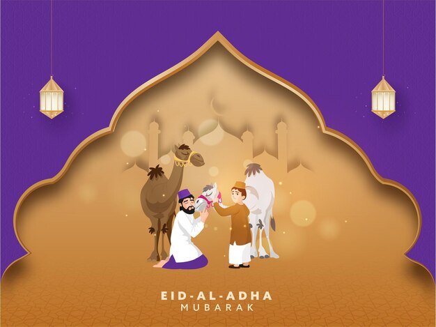 islamic man with his son holding camel lanterns hang on paper cut mosque purple and brown background for eidaladha mubarak