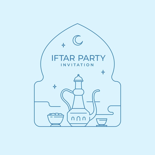 Illustrazione del disegno monoline della festa del pasto del medio oriente islamico per il digiuno della pausa del ramadan del partito iftar