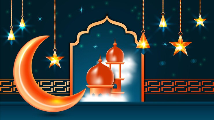 वेक्टर islamic moon ramadan greeting background with 3d round podium mosque and islamic decoration objects