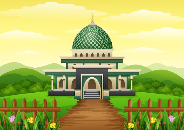 Vector islamic mosque building with green dome in the garden