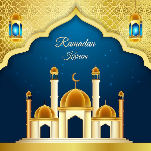 青のグラデーションの背景にイスラムのモスクの黄金の飾り