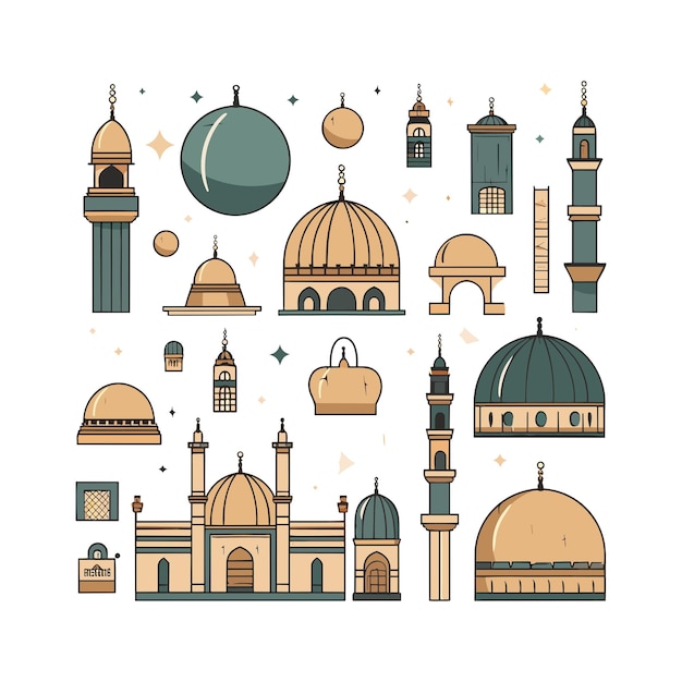 Vettore simboli islamici multipli e cose come il logo della moschea
