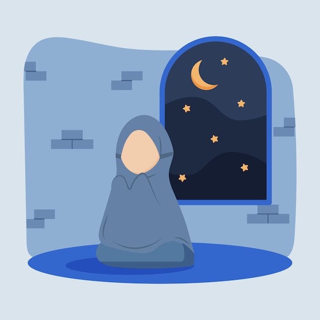 Islamic Muslim Woman Praying Ramadan Kareem in Flat Illustration