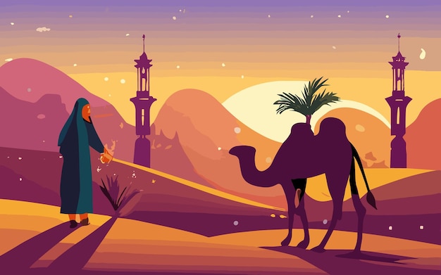 Vector islamic new year background with man and camel in the desert vector
