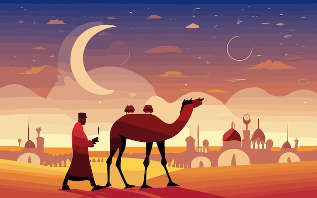 Vector islamic new year background with man and camel in the desert vector