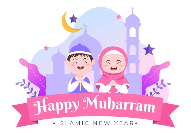 Islamic new year day or 1 muharram vector background illustration of muslim family celebrating