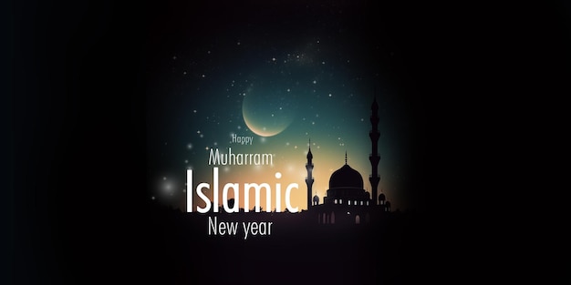 Исламские новогодние приветствия на фоне мечети и темные левые и правые