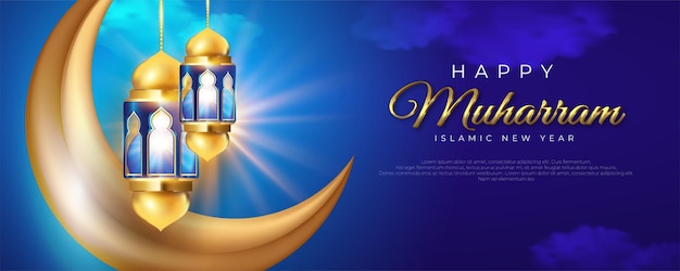 Islamic new year happy muharram celebration banner with islamic golden lantern and moon