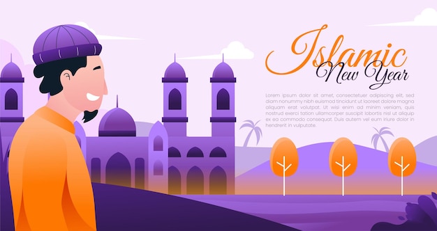 Vector islamic new year vector illustration with a man wearing a cap and mosque background