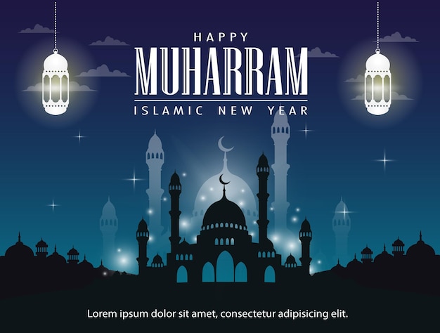 Islamic new year with illustration of a mosque silhouette against a blue night sky background