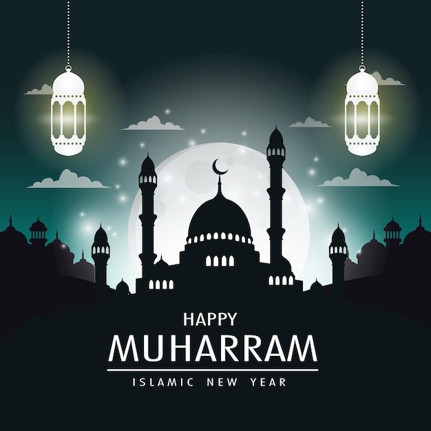 islamic new year with illustration of silhouette of mosque with night sky background