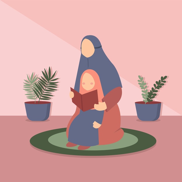 Illustrazione di genitorialità islamica mamma e figlia che leggono il libro