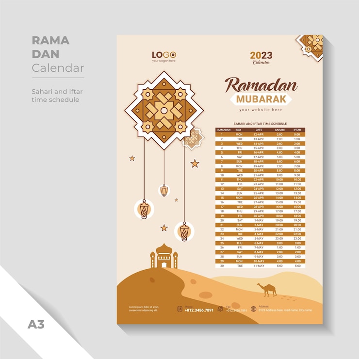 Vector 이슬람 패턴 라마단 달력 템플릿.독특한 디자인 iftar 일정 템플릿.