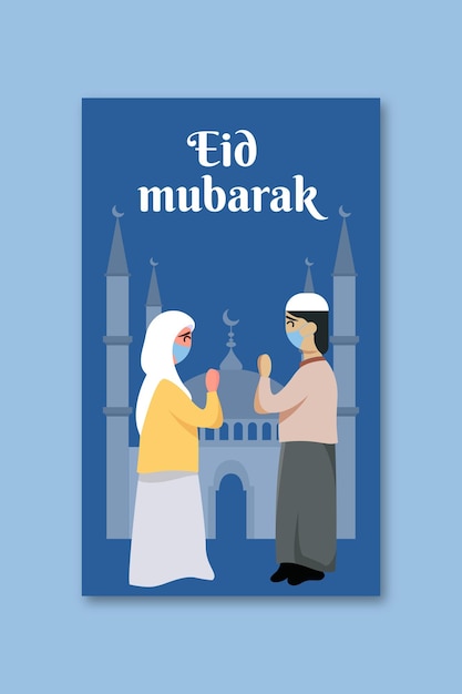 Islamic people illustration style greeting holiday eid Mubarak poster and social media post