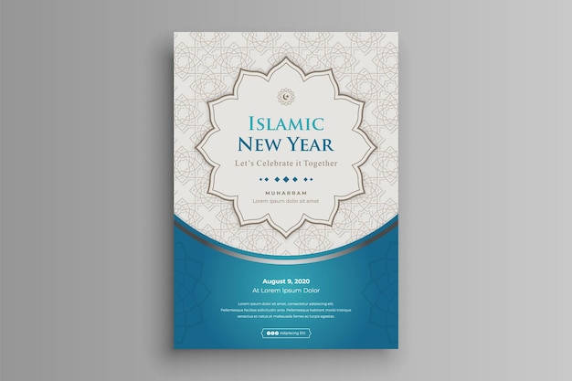 Poster design islamico con motivo e auguri di buon anno